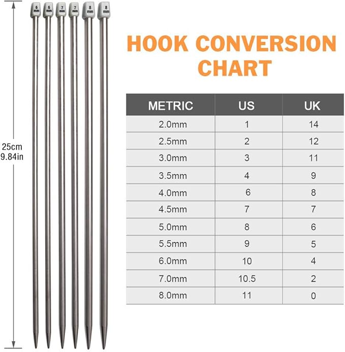 Knitting Needle Set, BCMRUN 22PCS 2mm(B)-8mm(L) Straight Single Pointed Stainless Steel Sweater Needles Set(11Pair-11 Size,9.8 inch) with Locking Stitch Makers Large-Eye Needles Measure Tape (25CM)