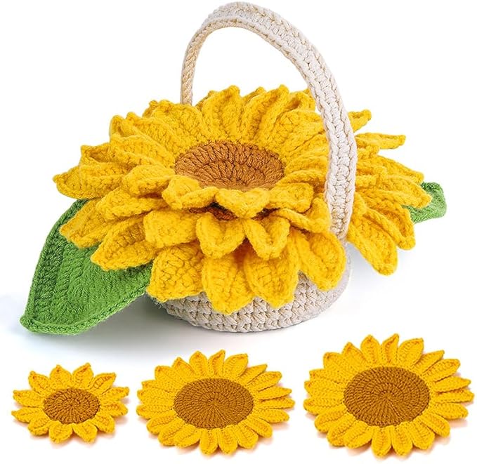 Beginner Crochet Kits, 5-Piece Sunflower Coaster Set, Plant Crochet kit, Adult Crochet Beginner Kits, with Step by Step Guide Video, Sunflower Crochet Material Tool
