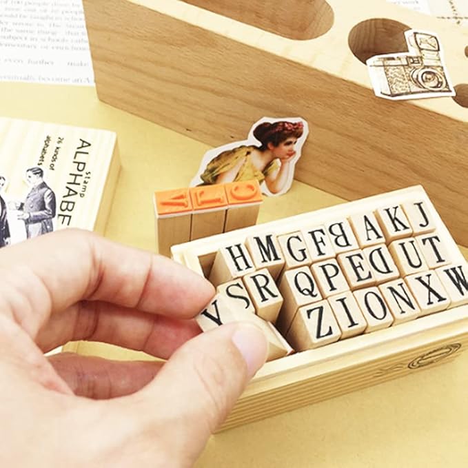 26Pcs Wooden Rubber Stamps Letter Alphabet Stamps Mini Cute DIY Stamps Set for Craft Decorating Scrapbooking and Wedding Invitation Cards (26Pcs)
