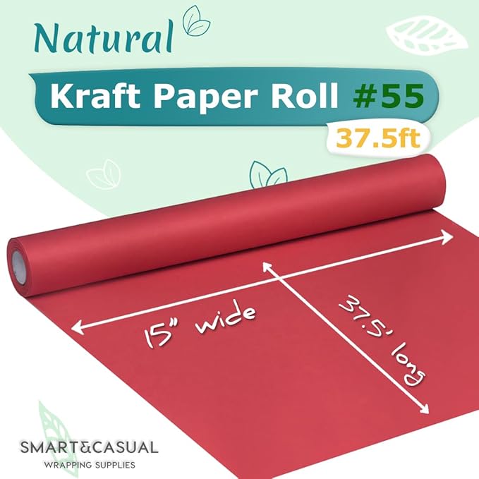SMART&CASUAL 15" x 450" (37.5') Kraft Paper Roll for Art Craft Supplies Gift Wrapping Moving Packing Kids Painting Drawing Paint Easel Poster Chart Paper (Red, 15" W x 450" L (37.5'))
