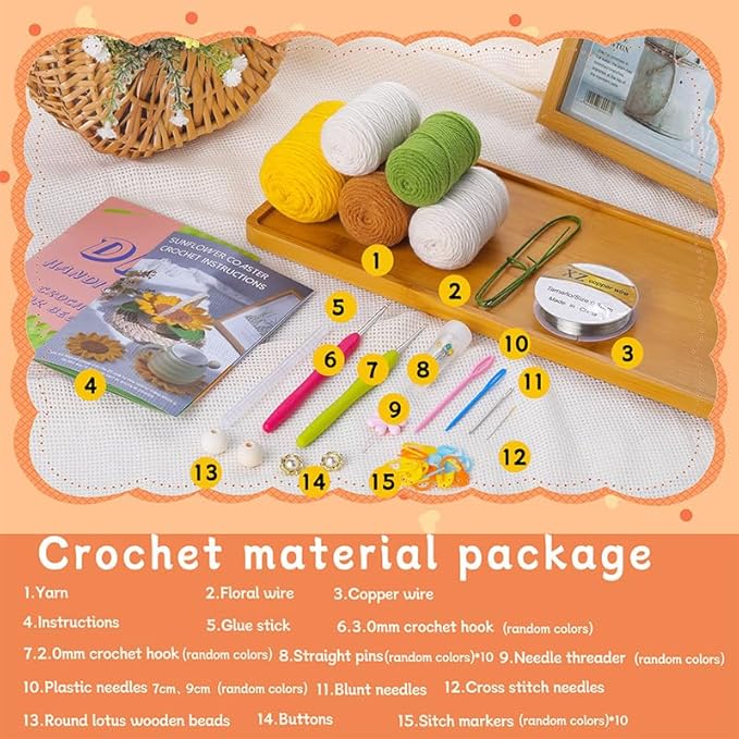 Beginner Crochet Kits, 5-Piece Sunflower Coaster Set, Plant Crochet kit, Adult Crochet Beginner Kits, with Step by Step Guide Video, Sunflower Crochet Material Tool