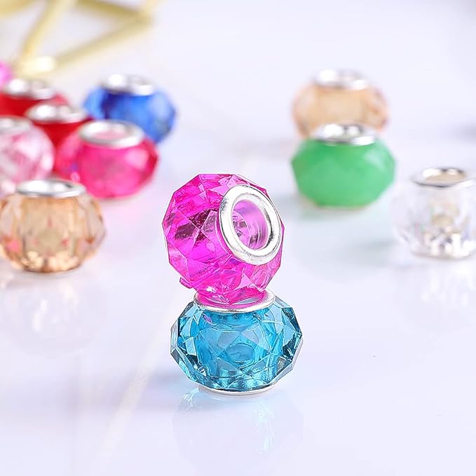 100 Pieces 14mm European Large Hole Spacer Beads Mix Color with Silver Brass Cores Assortments Charm Lampwork Beads Supplies for Necklace Bracelets Jewelry Making (Faceted)