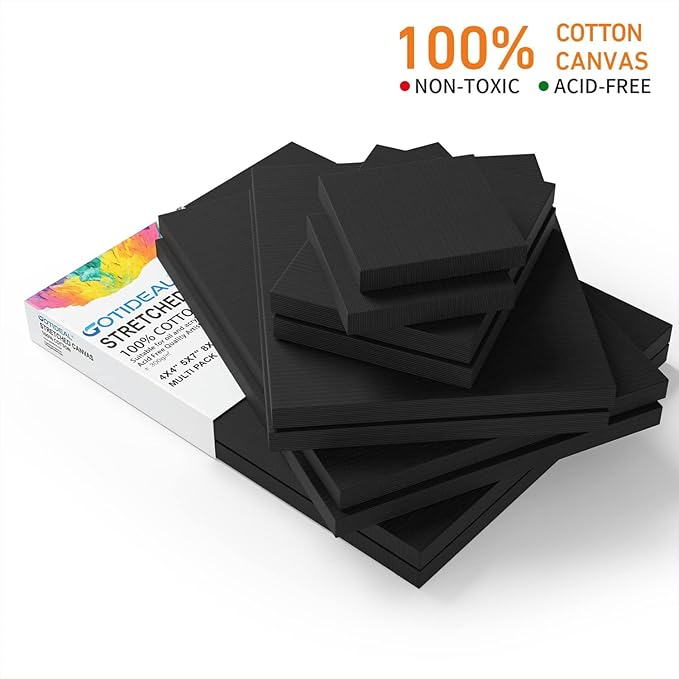 GOTIDEAL 10Pcs Black Stretched Canvases for Painting, Multi Pack 4x4", 5x7", 8x10",9x12", 11x14" Set of 10, Primed 100% Cotton Artist Blank Canvas Boards for Painting, Acrylic Pouring, Oil Paint Art