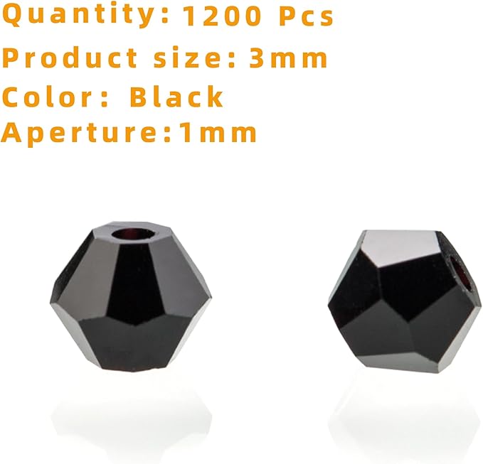 1200pcs Black 3mm Bicone Crystal Beads for Jewelry Making – Small Faceted Glass Beads for Bracelets, Earrings, Loc Sprinkles, DIY Crafts