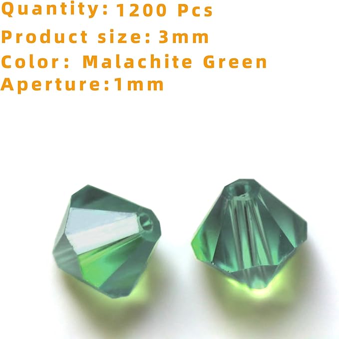 1200PCS 3mm Bicone Crystal Glass Beads for Jewelry Making, Sparkling Mini Beads for Suncatchers, DIY Bracelets & Craft Projects (Malachite Green)