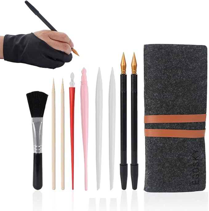 Scratch Painting Art Tool, 11 Pieces Scratching Drawing Tool Set, Including Artist Glove, Tool Bag, Scratch Coloring Pens, Plastic and Wooden Stylus, Scraper, Clean Brush