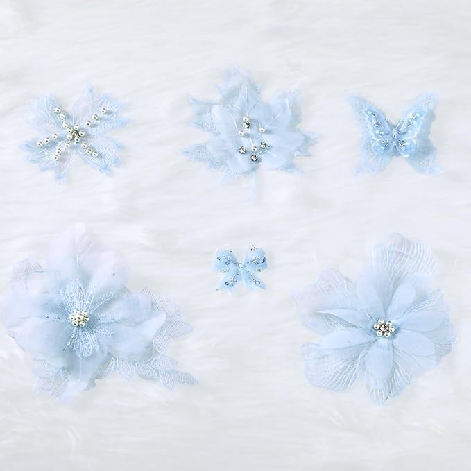 6 Pieces 3D Flower Lace Embroidery Butterflies Appliques Pearl Patches for Repairing and Decorating, Sewing Craft Clothing Jeans Jackets Bags (Light Blue)