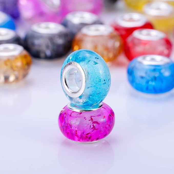 100 Pieces 14mm European Large Hole Spacer Beads Mix Color with Silver Brass Cores Assortments Charm Lampwork Beads Supplies for Necklace Bracelets Jewelry Making (Built-in Glitter Beads)