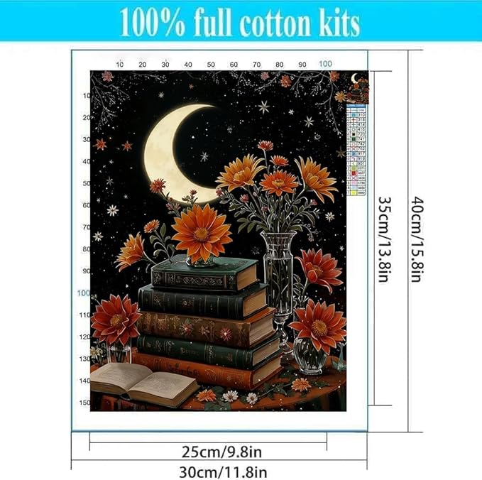 Lzyueyuan Book Flower Stamped Cross Stitch Kits for Adults Beginner, Moon Cross Stitch Ornament Kits Counted Embroidery Needlepoint Kits Home Decor 11.8X15.7inch