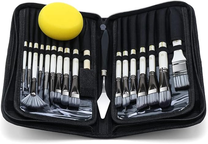 Transon Art Paint Brush Kit 16 Paint Brushes with Foam Brush Sponge Spatula and Art Case for Oil, Acrylic, Watercolor, Gouache, Painting
