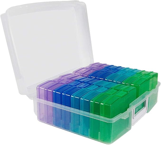 novelinks Transparent 4" x 6" Photo Organizers and Photo Storage Box with Handle, 16 Inner Photo Cases, Portable Picture Organizers & Photo Storage Containers (Cool-Colored)