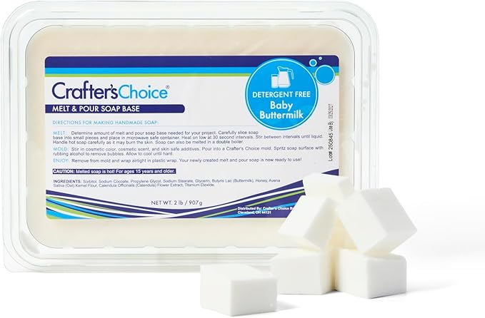 Crafter's Choice Detergent Free Melt and Pour Soap Base for Soap Making and DIY Crafting Projects, SLS/SLES Free, 2LB Block (Baby Buttermilk)