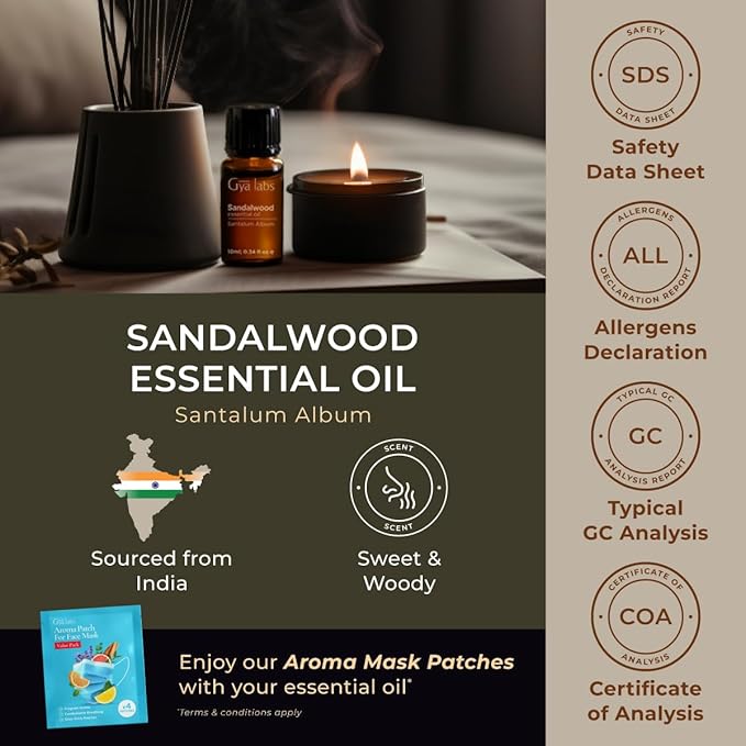 Gya Labs Sandalwood Essential Oil - 0.34 Fl Oz - for Hair, Skin, Diffuser, Aromatherapy & DIY Candle Making Scent