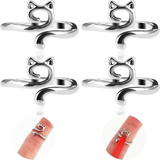 YUXIANLB 4pcs Adjustable Crochet Tension Ring for Finger, Cat Shape Metal Open Guide Tension Ring for Crocheting, Crochet Loop Rings Braided Faster Knitting Thimbles Supplies For Women Mother - Silver