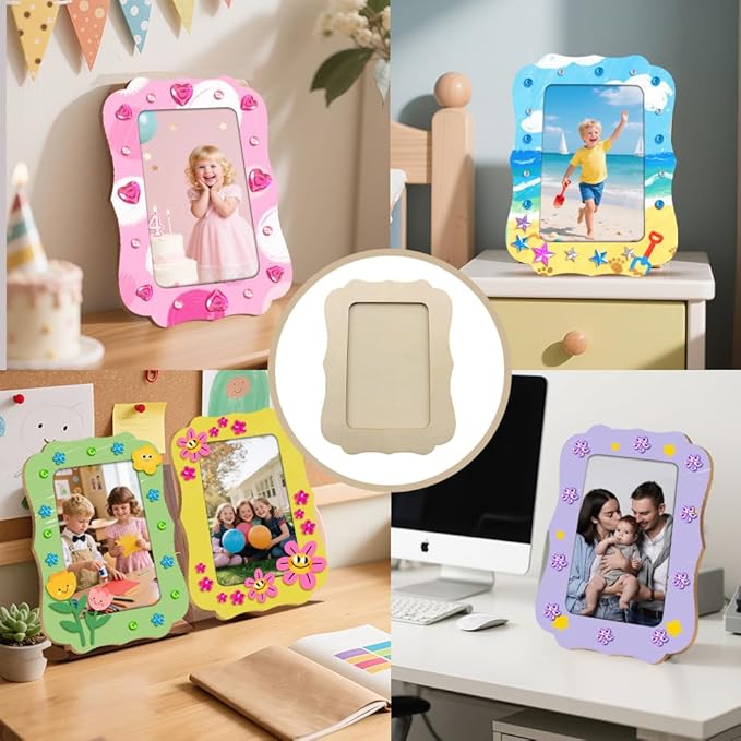 Ukontagood 30 Pack Wooden Picture Frames for Crafts, 4''×6'' Picture Frame Painting Craft Kit Includes 16 Sheets Diamond Stickers, 12 Colors Pens & Brushes, and Paints for DIY Crafts