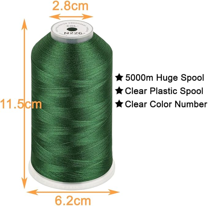 New brothread - Single Huge Spool 5000M Each Polyester Embroidery Machine Thread 40WT for Commercial and Domestic Machines - Green(Janome Color)