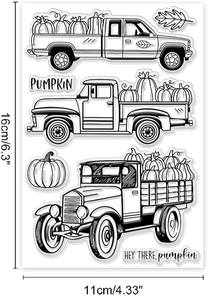 GLOBLELAND Autumn Truck Pumpkin Clear Stamps Harvest Maple Leaves Silicone Clear Stamp Seals Text Transparent Stamps for DIY Scrapbooking Cards Making Photo Album Journal