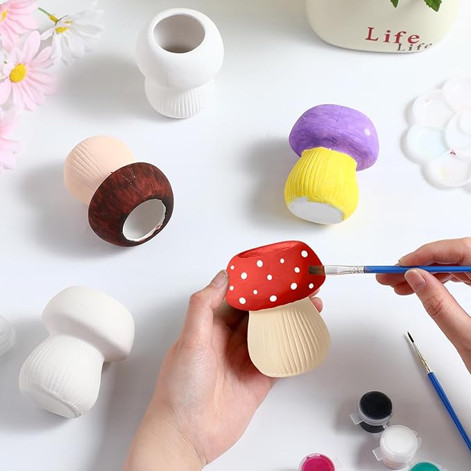 Pasimy 6 Set DIY Ceramic Succulent Planter Pots Paint Your Own Flower Pots Craft Kit Unpainted Bisque Paintable Flowerpot with Brush Palette Ready to Paint for Family Activity Gift(Mushroom)