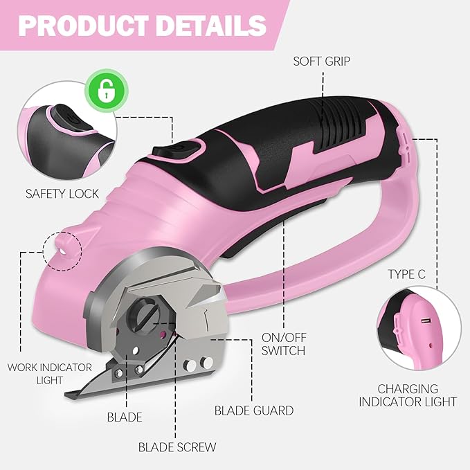 Cordless Electric Scissors, 4V Box Cutter & Cardboard Cutter with Upgrade Blade, LED Light, Safety Lock - Rechargeable Rotary Cutter for Fabric, Leather, Plastic, Crafting, Sewing, Industrial (Pink)