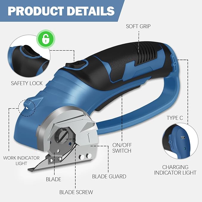 Cordless Electric Scissors, 4V Box Cutter & Cardboard Cutter with Upgrade Blade, LED Light, Safety Lock - Rechargeable Rotary Cutter for Fabric, Leather, Plastic, Sewing, Industrial (Steel Blue)