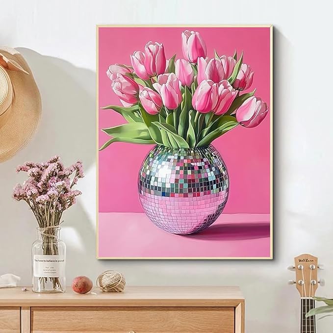 Pink Tulips Diamond Art Kits for Adults, Diamond Painting Kits for Adults for Beginners, DIY Pink Flowers Diamond Dots Art Kits, 5D Full Round Drill Gem Art Painting Kits for Home Decor, 12x16 inch