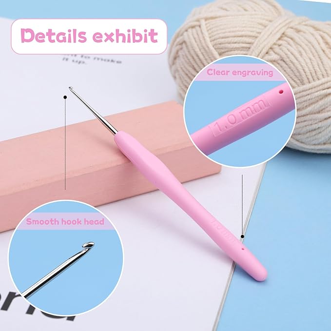 1.0 mm Crochet Hook, Ergonomic Handle for Arthritic Hands, Extra Long  Knitting Needles for Beginners and Crocheting Yarn (1.0 mm)