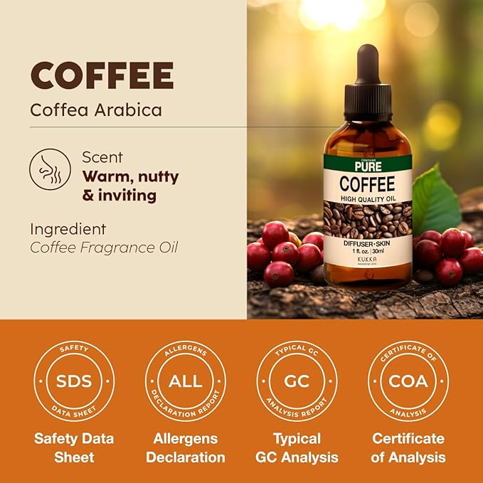 KUKKA Coffee Essential Oils - 1 Fl Oz - for Hair, Skin, Diffuser, Aromatherapy & DIY Soap Making Scent