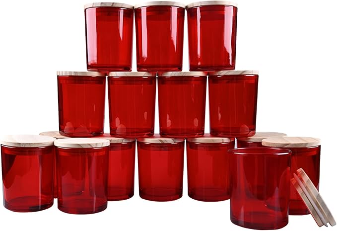 Thick Candle Jars for Making Candles 16 Pcs, 7 OZ Empty Jars with Wood Lids for Candle Making, Sample Container, Red
