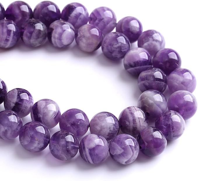 12MM 32PCS Purple Amethyst Dream Lace Beads Natural Quartz Crystal Stone Loose Beads for Jewelry Making DIY Bracelet Grade A+ 15 inches Strand