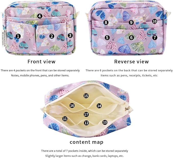 E-WEICHEN Multiple Pockets Portfolio Organizer with Zippered, Makeup Bag Travel Essentials for Women, Simple Waterproof Stationery Pencil Pouch Bag for Journal Office Art Supplies.Purple Moth