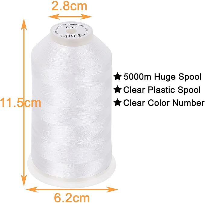New brothread - Single Huge Spool 5000M Each Polyester Embroidery Machine Thread 40WT for Commercial and Domestic Machines - White