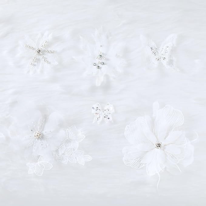 6 Pieces 3D Flower Lace Embroidery Butterflies Appliques Pearl Patches for Repairing and Decorating, Sewing Craft Clothing Jeans Jackets Bags (White)