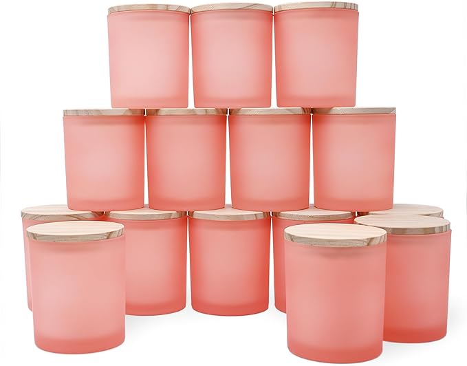 10 OZ Thick Candle Jars for Making Candles 15 Pcs, Empty Jars with Wood Lids for Candle Making, Sample Container, Frosted Pink