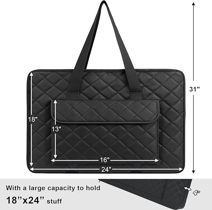 JJRING 18x24 Quilting Portfolio Bag, Lightweight Black Art Canvas Portfolio Case, Portable Storage Case for Posters, Artwork, Drawing and Sketching Boards
