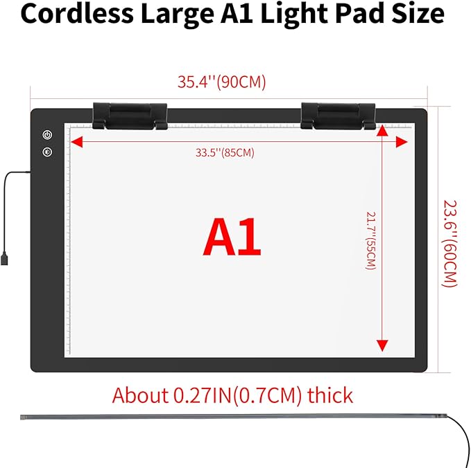 Rechargeable A1 Light Box (35.4''x23.6''), 3-Color Light LED Light Pad for Tracing, Large Diamond Painting Light Board, 6 Levels/Stepless Dimming Light Table for Drawing, Sketching, Animation