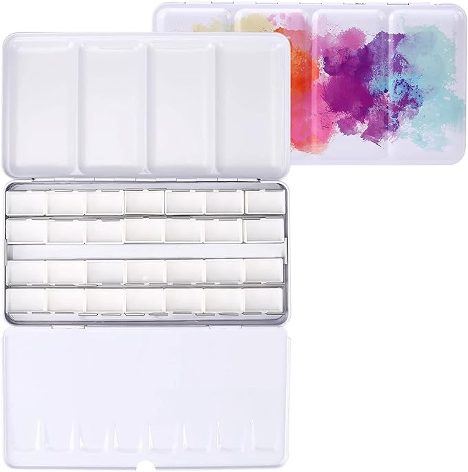 LOONENG Empty Watercolor Palette, Empty Watercolor Tin with Fold Out Palette, Large Colorful Watercolor Tray Palette with 28 Empty Full Pans for Plein Air Painting and Sketching