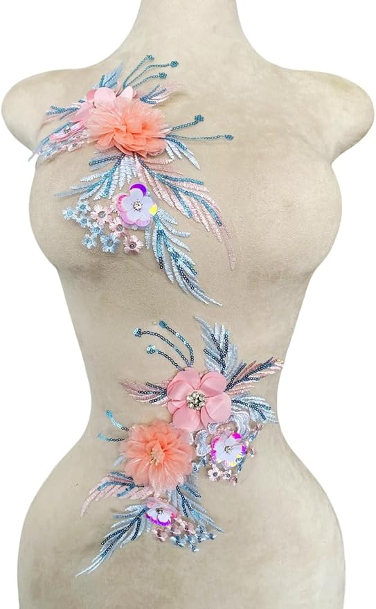 1 Pair of Multicolor Embroidery Rhinestone Crystal Sequin Lace Applique Sewing Flower Fabric Patch Wedding Gown Dress Bridal DIY Crafts (Multicolor D)