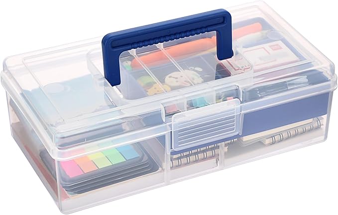 JUXYES Plastic Carry Storage Box with Removable Dividers, Clear Art Craft Supply Storage Bin Sewing Box with Handle Lid, 2 Layers Stationery Storage Case for School/Office Supplies