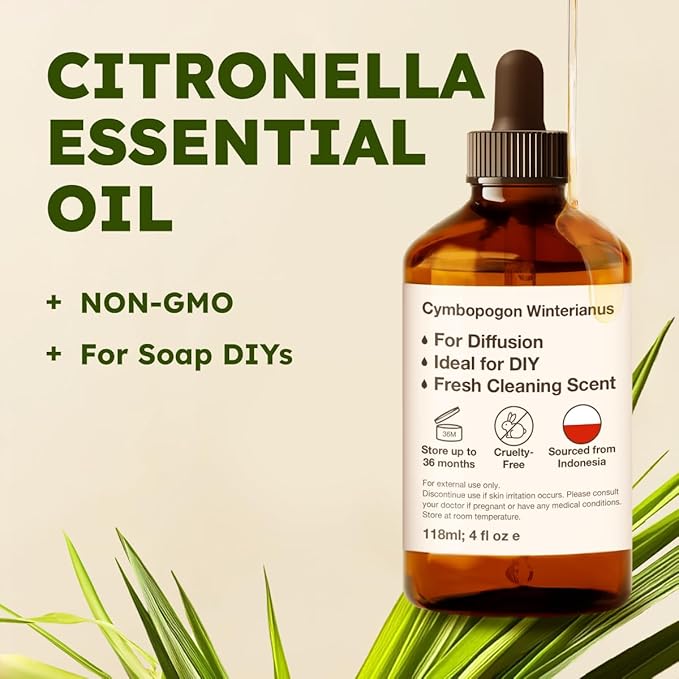 KUKKA Citronella Essential Oils - 4 Fl Oz - for Hair, Skin, Diffuser, Aromatherapy & DIY Soap Making Scent