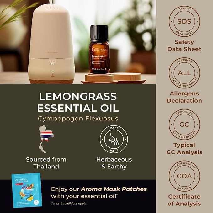 Gya Labs Lemongrass Essential Oil - 0.34 Fl Oz - for Hair, Skin, Diffuser, Aromatherapy & DIY Candle Making Scent