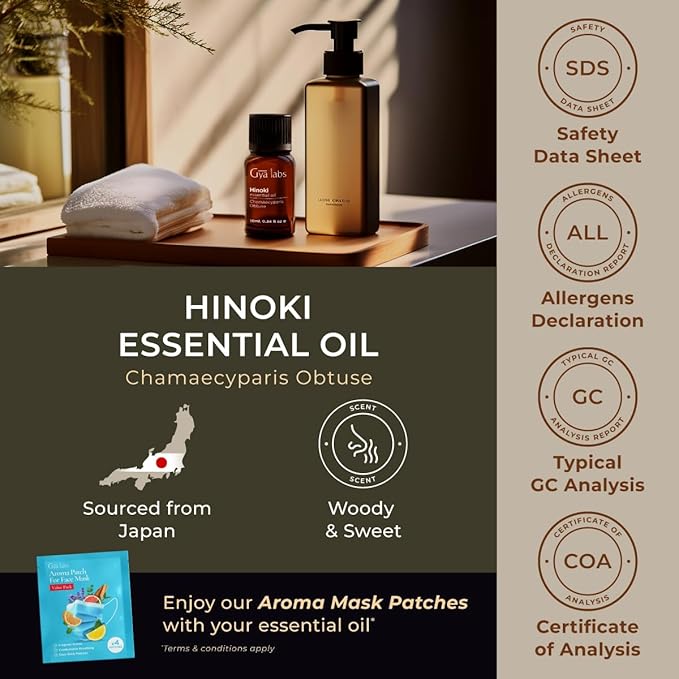 Gya Labs Hinoki Essential Oil - 0.34 Fl Oz - for Hair, Skin, Diffuser, Aromatherapy & DIY Candle Making Scent