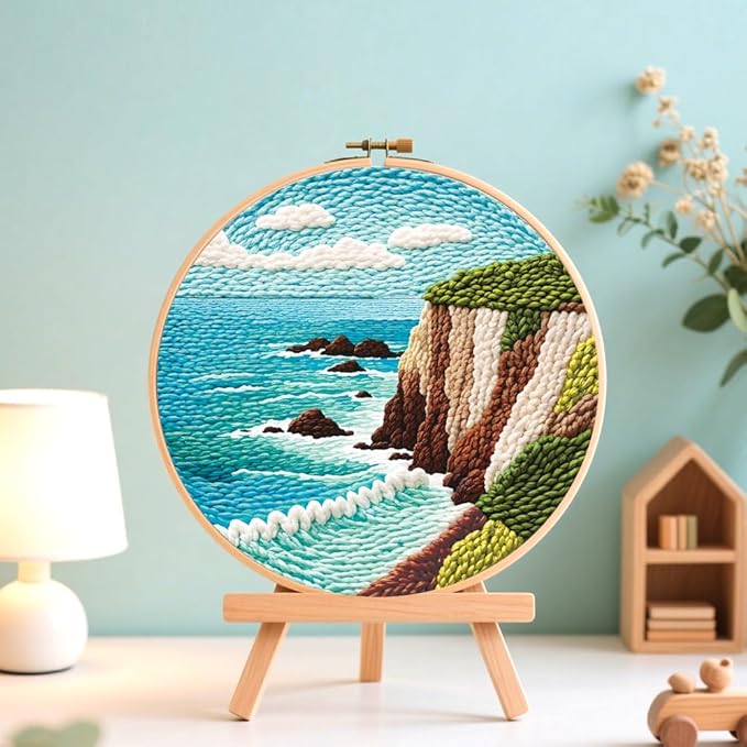 BEUNITONE 3PCS Mountain and River Punch Needle Kit for Adults Beginners, Complete Craft Kit Needlepoint Kits for Adults with Hoop, Punch Needle Starter Craft Set for Cloth Festival Gift and Home Decor