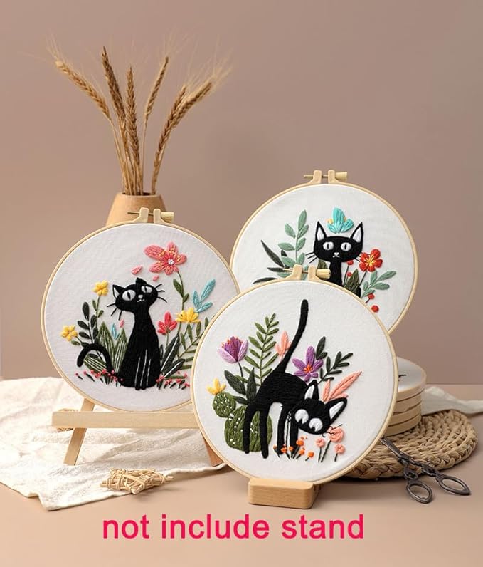 Konrisa 3pcs Embroidery Kits for Beginners Creative Black Cat and Flower Pattern Cross Stitch Practice Kit DIY Sewing Needlepoint, Include 1pcs Hoop