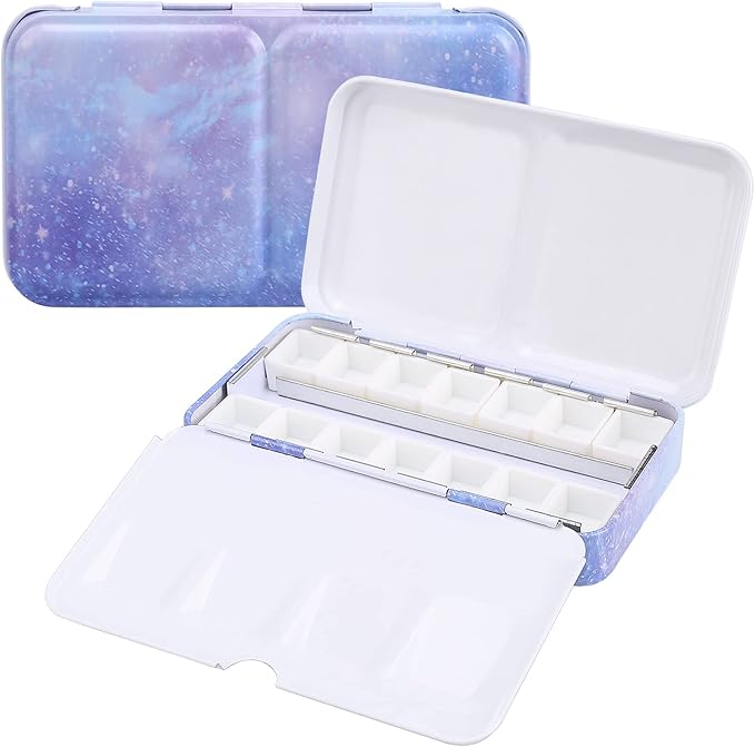 LOONENG Empty Watercolor Palette, Empty Watercolor Tin with Fold Out Palette, Small Purple Watercolor Tray Palette with 14 Empty Half Pans for Plein Air Painting and Sketching