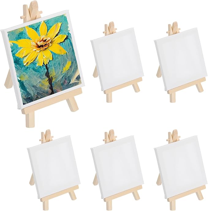 MECCANIXITY Canvas Boards for Painting with 6.3" Mini Easel Kit, 4x4 Cotton Blank Primed Art Canvas Panels Acid-Free for Painting Supplies Oil Acrylic Tempera Paint(White, Set of 6)