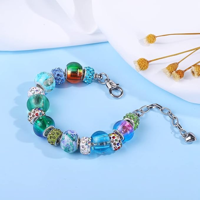 100 PCS Assorted European Beads with Copper Core Big Hole Glass Spacer No Copper Core Lampwork Colorful Beads Rhinestone Craft Beads for DIY Charm Bracelet Jewelry Making (Transparent Bicolor)