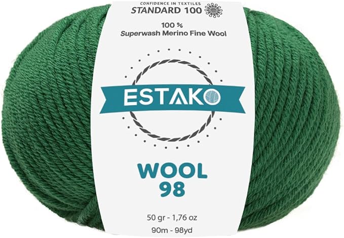 Estako Wool 98 100% Superwash Merino Wool Medium Worsted Weight Soft Knitting and Crochet Yarn 1.76 oz (50gr) 98 yds (90 m) (6373-Green)