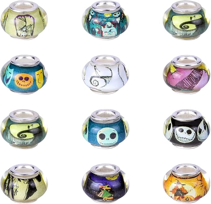 100 Pieces 14mm European Large Hole Spacer Beads Mix Color with Silver Brass Cores Assortments Charm Lampwork Beads Supplies for Necklace Bracelets Jewelry Making (Halloween Pattern)