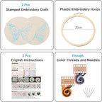 Konrisa Embroidery Kits with Butterfly Flower Pattern, Stamped Embroidery Starter Kit for Beginners Adults Needlepoint Kits Include Embroidery Fabric Embroidery Hoop Threads and Needles,Set of 2