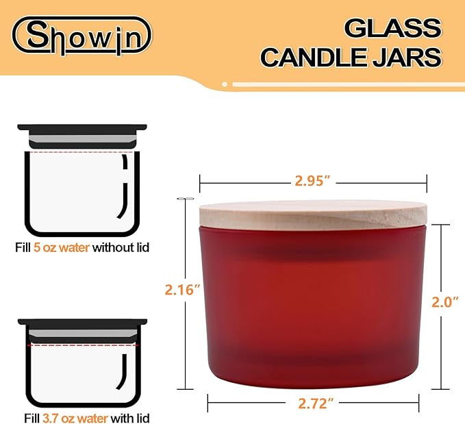 SHOWIN Thick Candle Jars for Making Candles 16 Pcs, 4 OZ Empty Jars with Wood Lids for Candle Making, Sample Container - Dishwasher Safe, Frosted Red